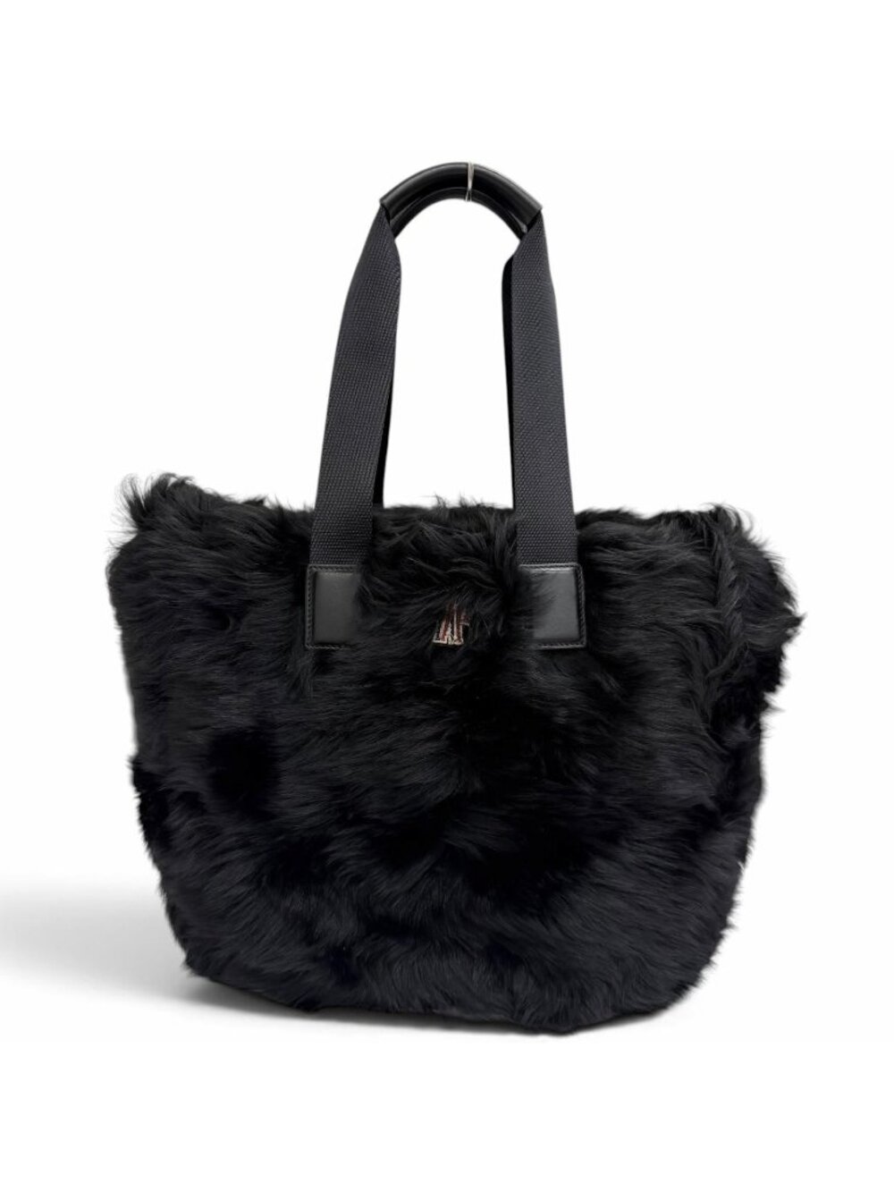 Moncler Caradoc Logo Patch Eco Fur Leather Tote Black